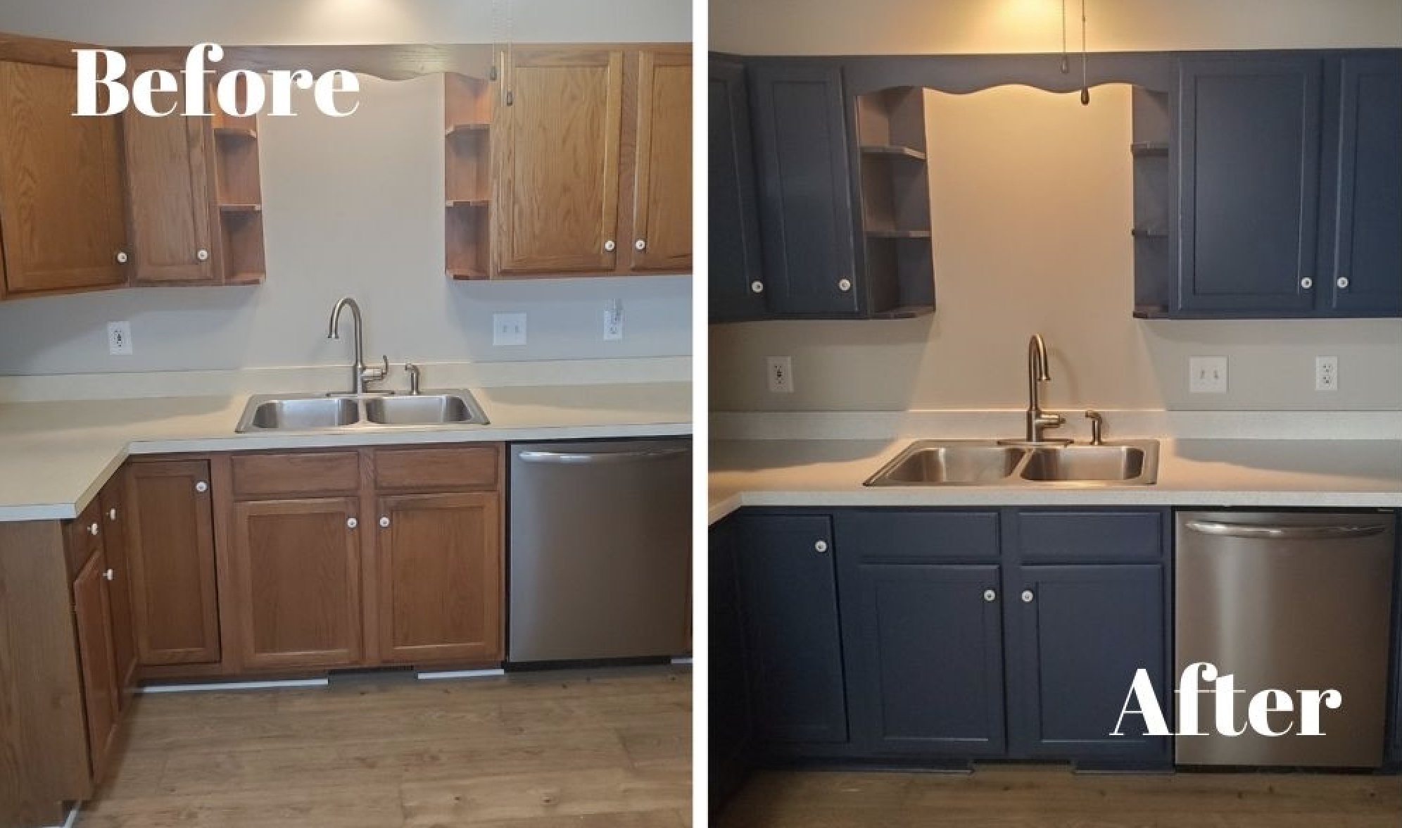 Before and After Refinished Blue Cabinets